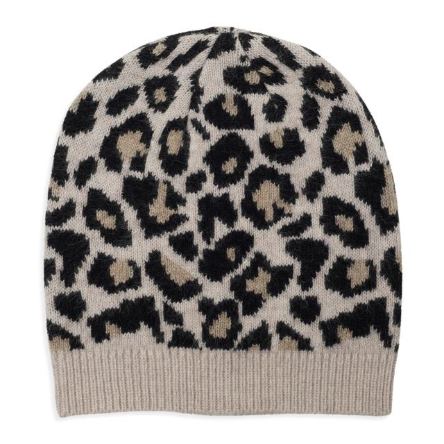 Leopard Knitted Beanie - Black/Camel